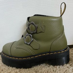 Women’s Dr Martens Devon Flower Buckle Olive Leather Platform Boots